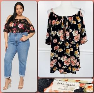 FREE KISSES Black & Coral Pink Floral Print Cold Shoulder Tie Front Blouse - 2X